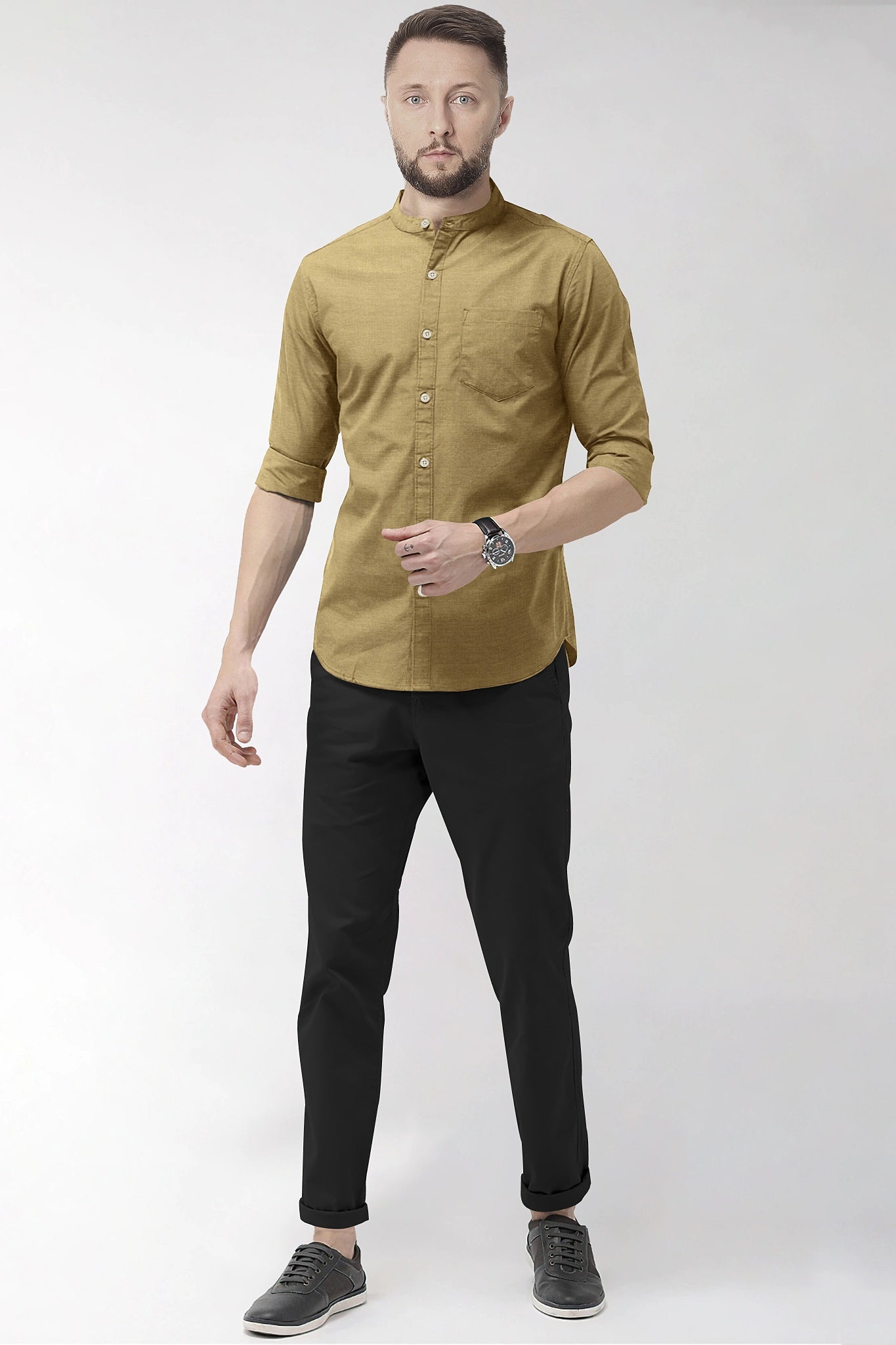Tortilla Brown Mandarin Collar Luxurious Linen Shirt