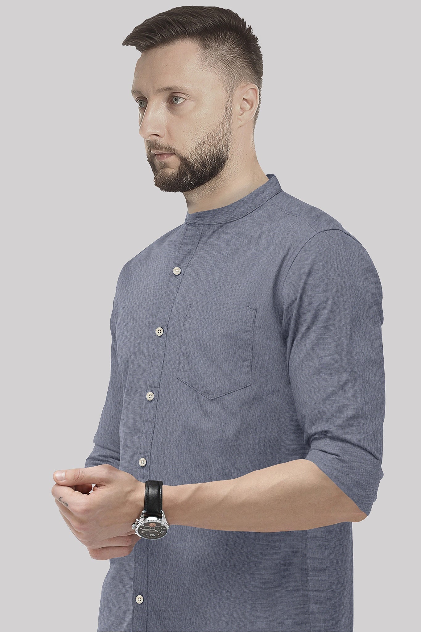 Iron Grey Mandarin Collar  Luxurious Linen Shirt