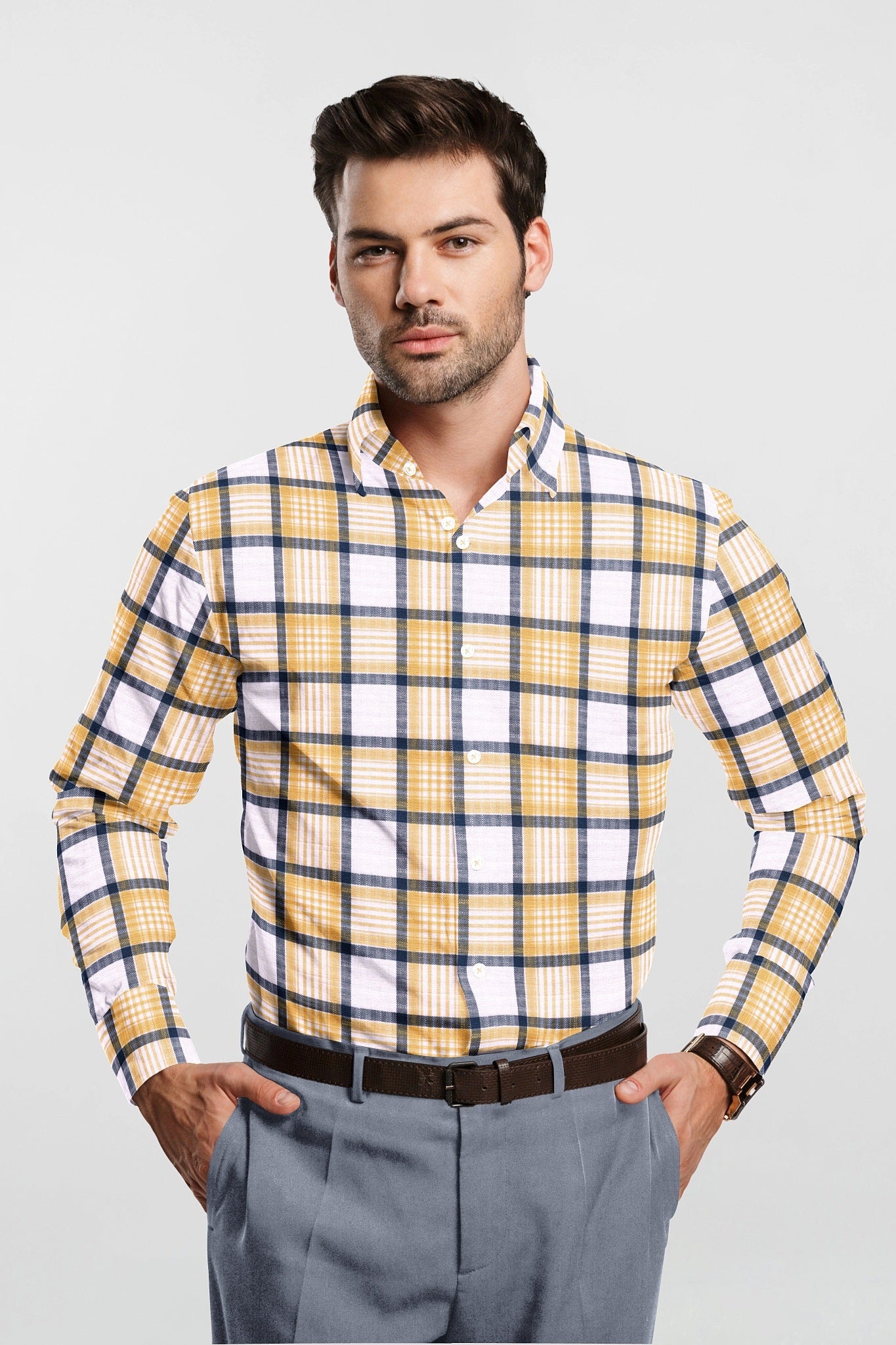 White with Monaco Blue and Goldfinch Yellow Cotton Shirt