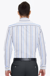 White with Seal Gray and Steel Blue Wide Stripes Cotton Linen Shirt