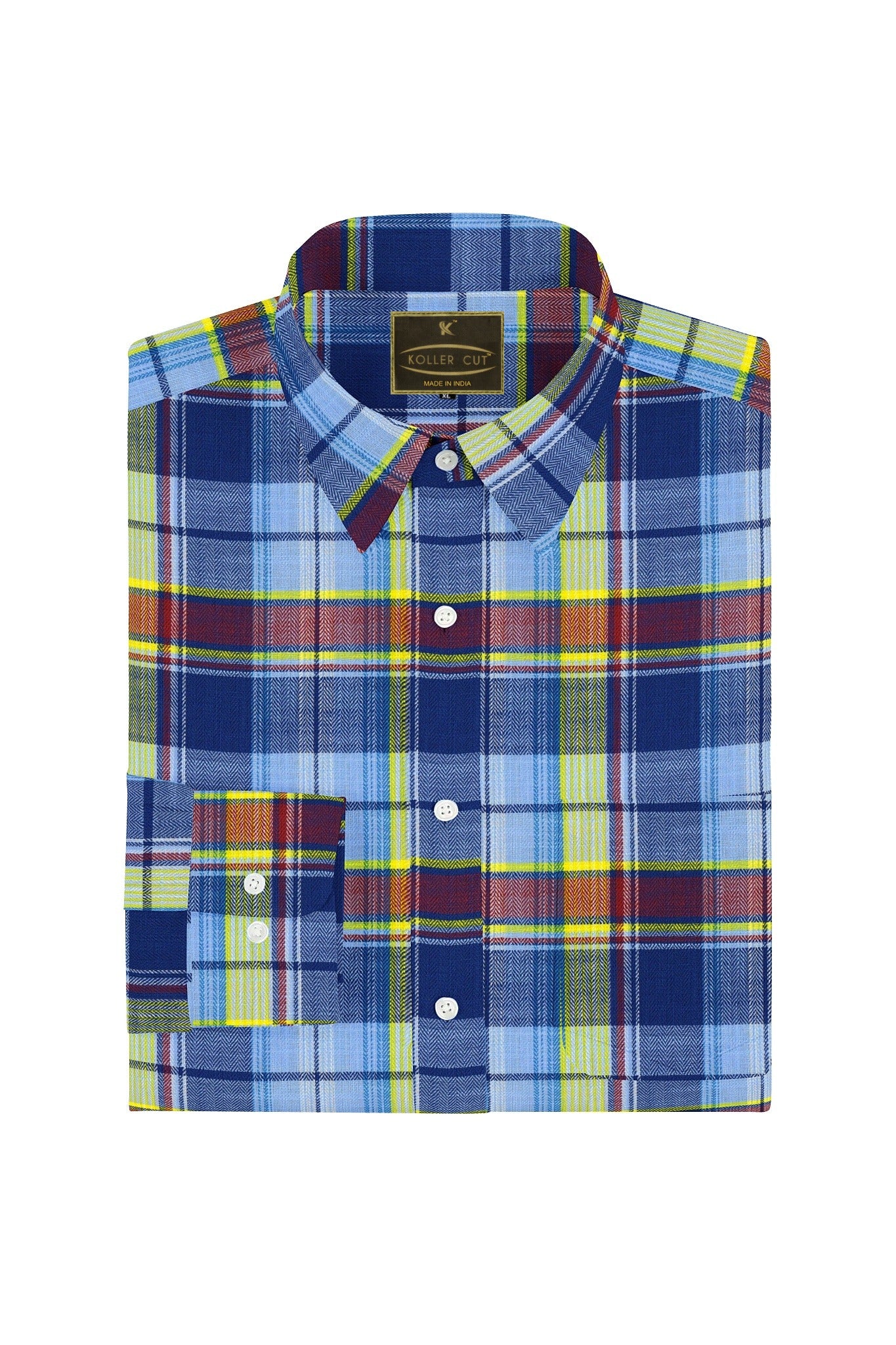 Tropical Blue with Maroon and Cadmium Yellow Checks Cotton Shirt