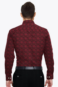 Carmine Red and Jade Black Jacquard Thorn Printed Egyptian Giza Cotton Shirt