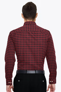 Obsidian Black and Auburn Red Gingham Checks Premium Cotton Shirt