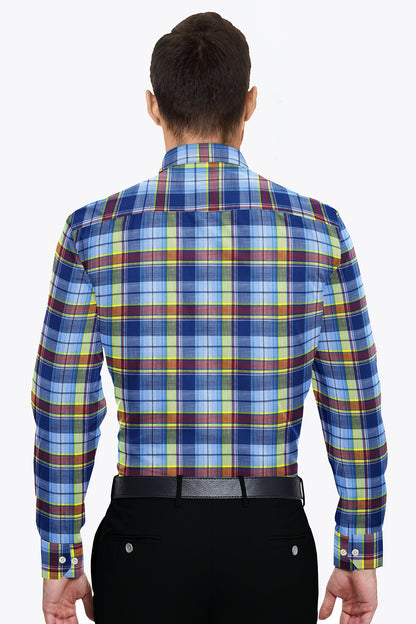 Tropical Blue with Maroon and Cadmium Yellow Checks Cotton Shirt