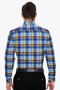Tropical Blue with Maroon and Cadmium Yellow Checks Cotton Shirt