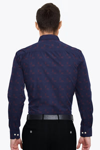 Midnight Blue with Cardinal Red Jacquard Print Two Toned Premium Cotton Shirt