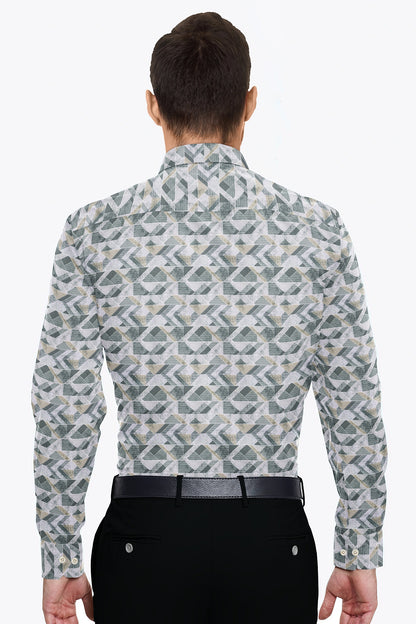 White with Opal Gray and Black Abstract Pattern Printed Egyptian Giza Cotton Shirt-  Plus size Shirt in India