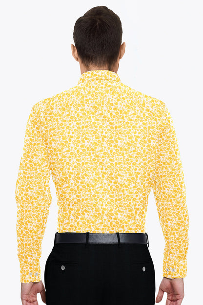 White and Daffodil Yellow Flower Printed Cotton Shirt