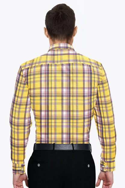 Celandine Yellow with Galaxy Blue and Pear Red Multicolored Checks Cotton Shirt