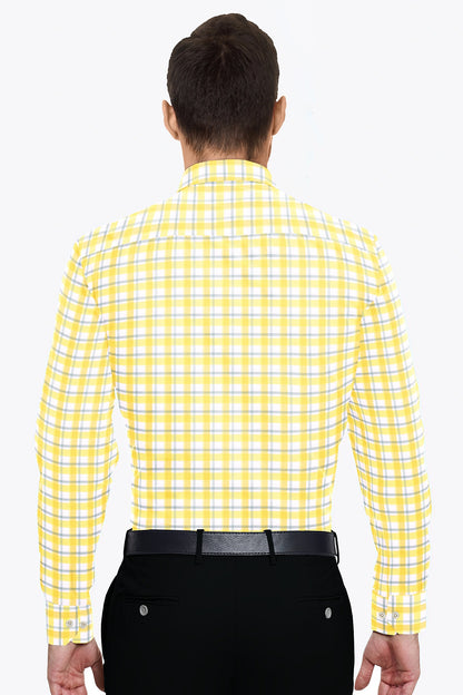 White with Pineapple Yellow and Cadet Blue Checks Cotton Shirt