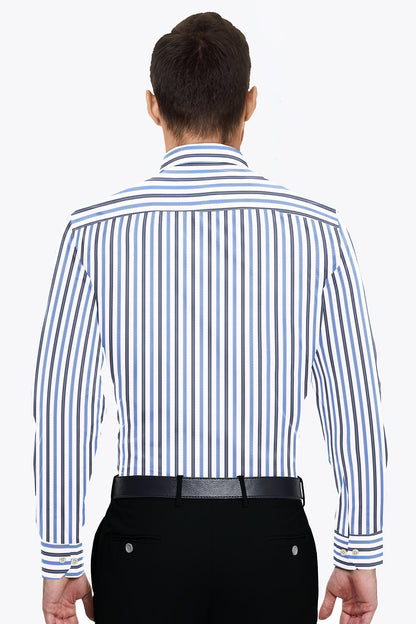 White with Cendre Blue and Colony blue Stripes Cotton Shirt
