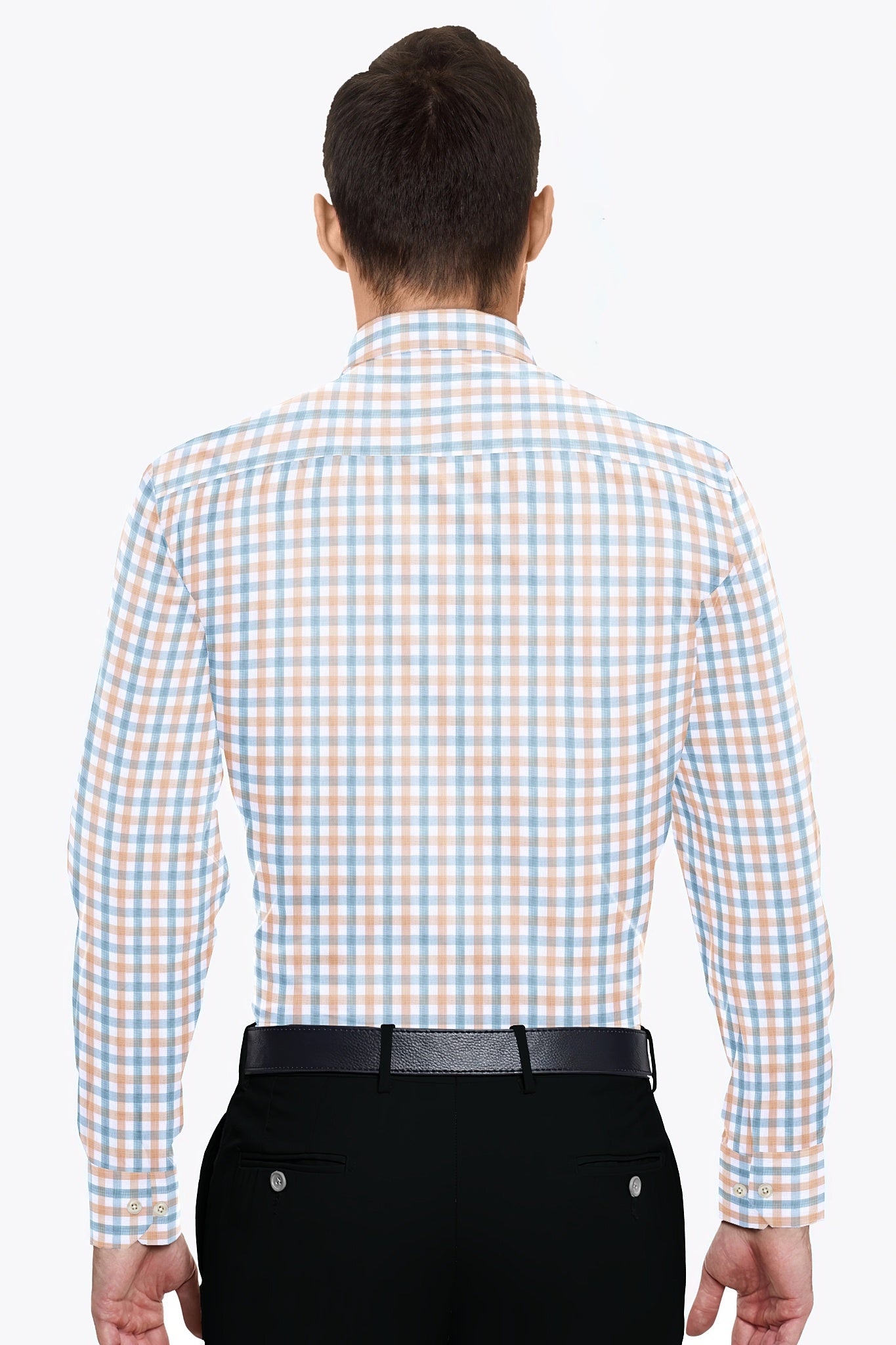 White with Fuzz Peach and Cerulean Blue Checks Cotton Shirt