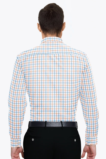 White with Fuzz Peach and Cerulean Blue Checks Cotton Shirt