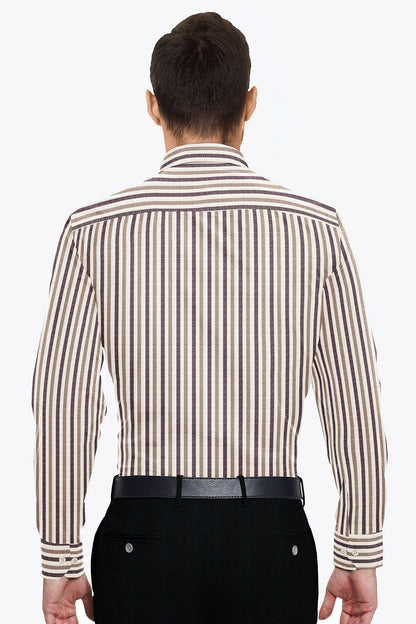 Beige with Wine and Antler Brown Multitrack Stripes Cotton Linen Shirt