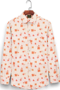 White and Clementine Orange Blackcurrant Leaf Printed Stripes Cotton Shirt