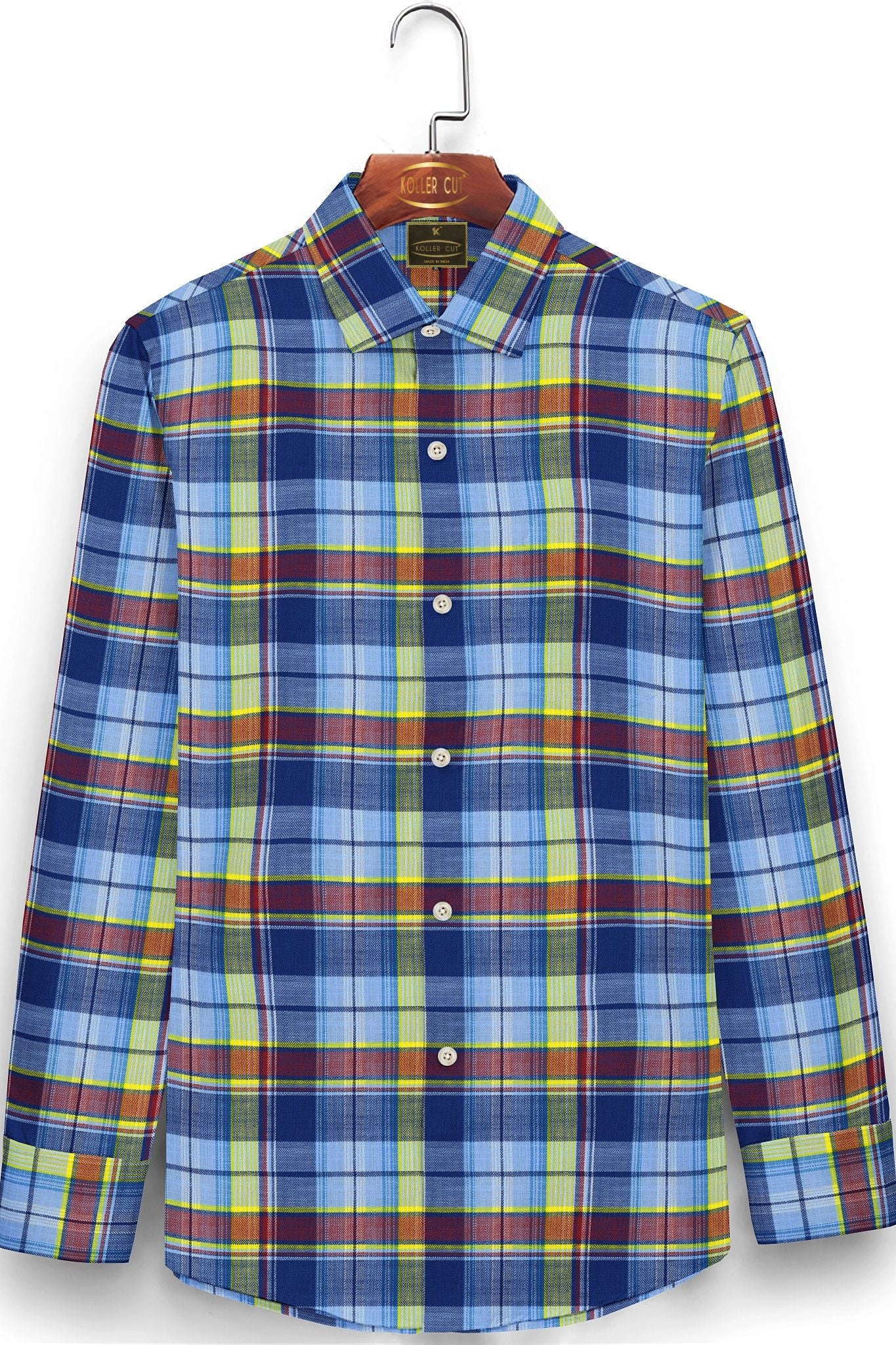 Tropical Blue with Maroon and Cadmium Yellow Checks Cotton Shirt
