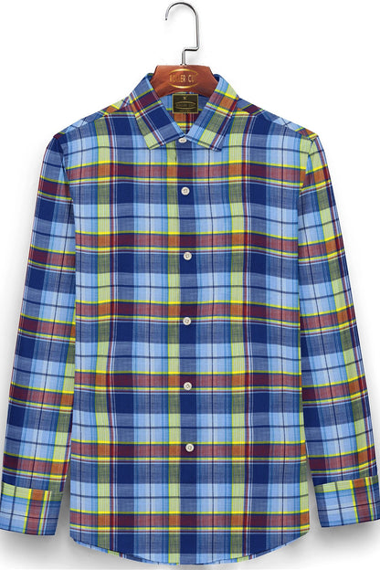 Tropical Blue with Maroon and Cadmium Yellow Checks Cotton Shirt