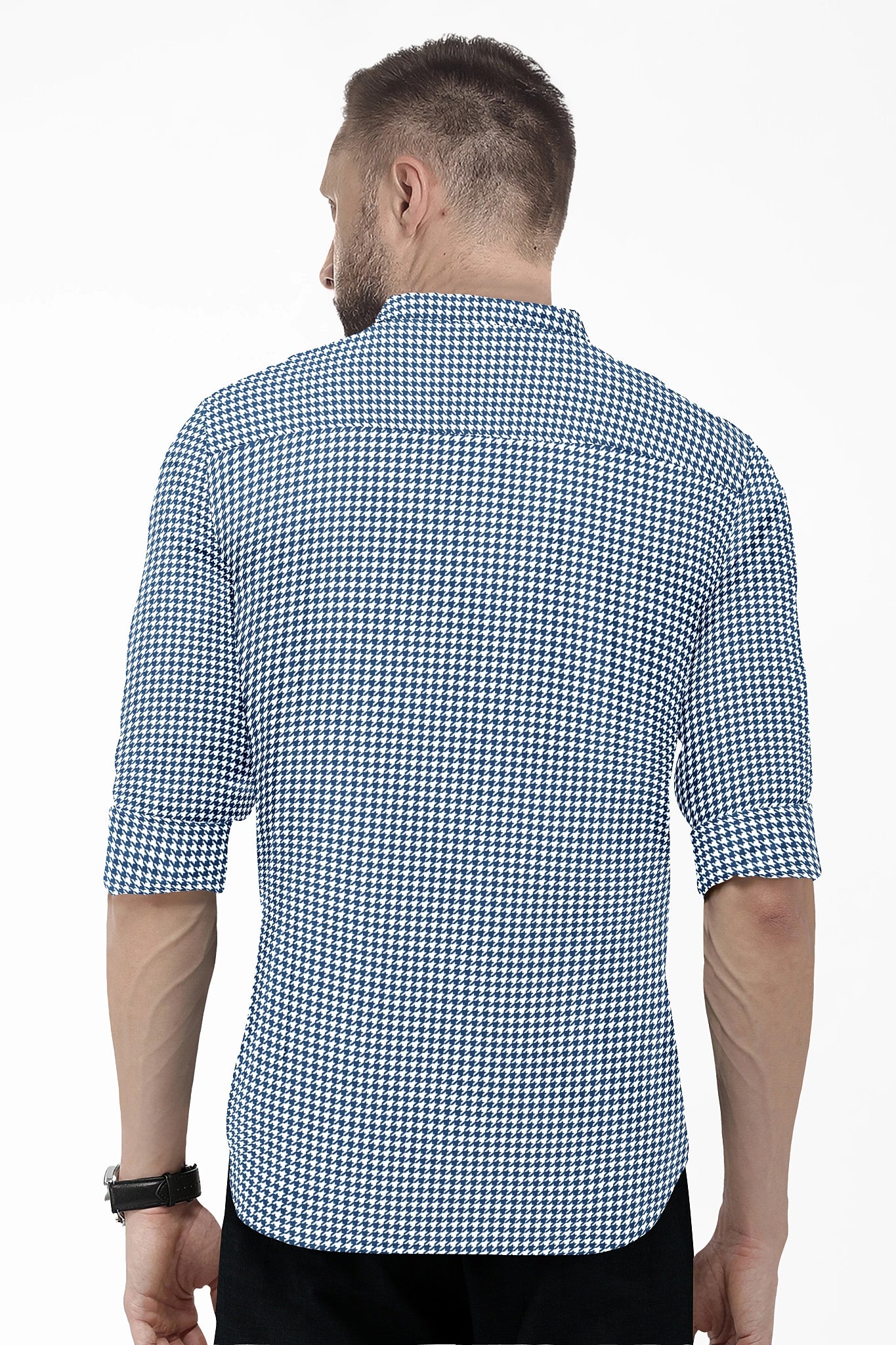 White and Baleine Blue Hounds Tooth Checks Mandarin Collar Cotton Shirt
