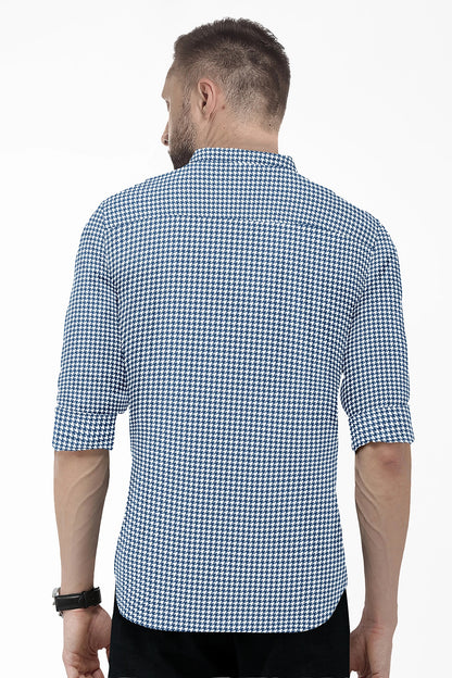 White and Baleine Blue Hounds Tooth Checks Mandarin Collar Cotton Shirt