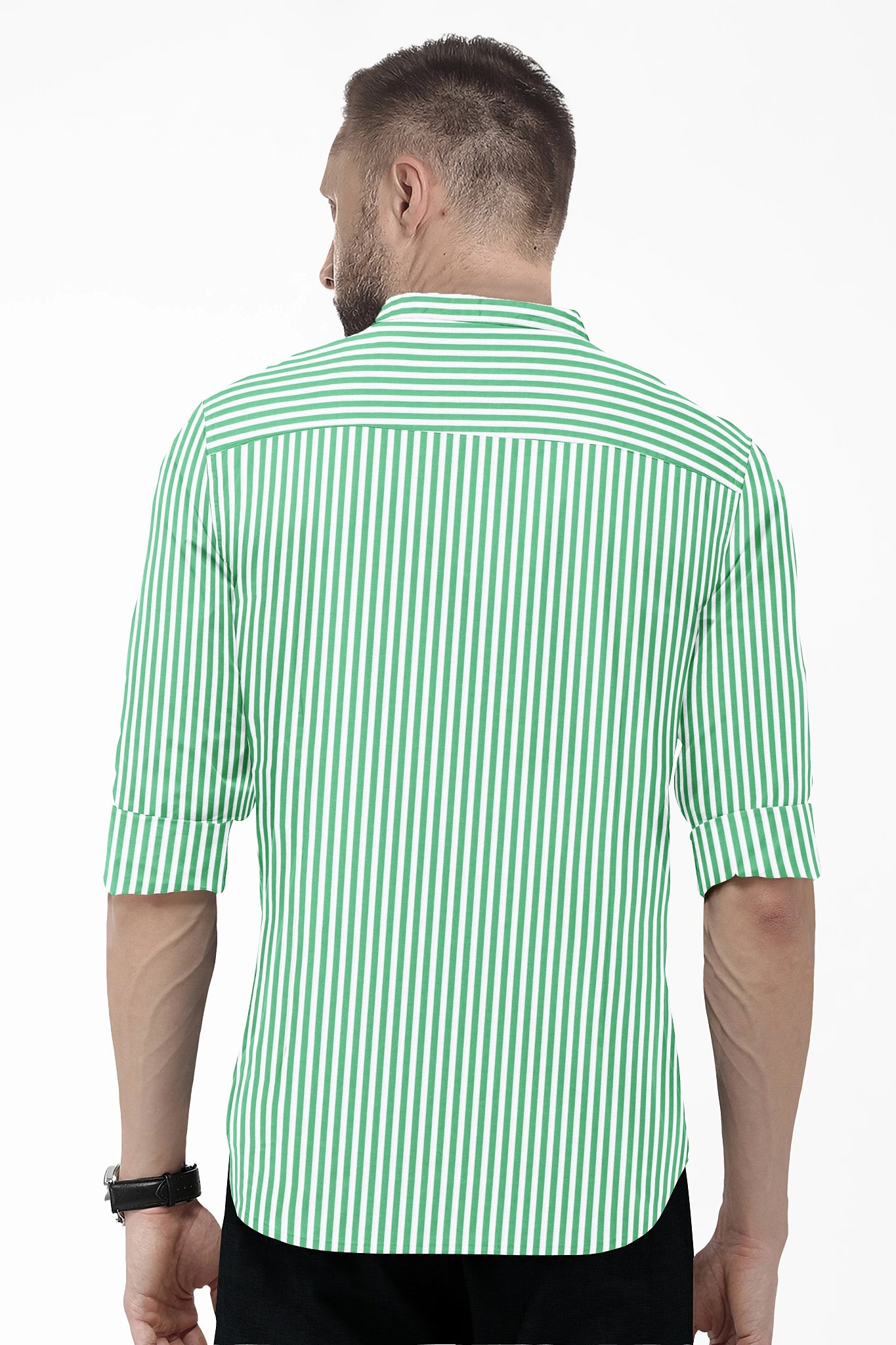 White and Zephyr Green Candy Stripes Mandarin Collar Cotton Shirt