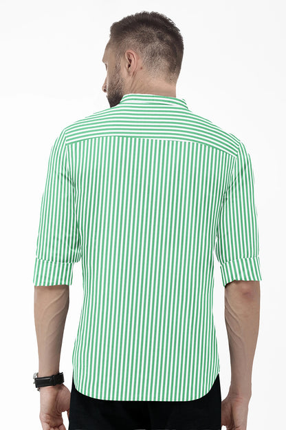 White and Zephyr Green Candy Stripes Mandarin Collar Cotton Shirt