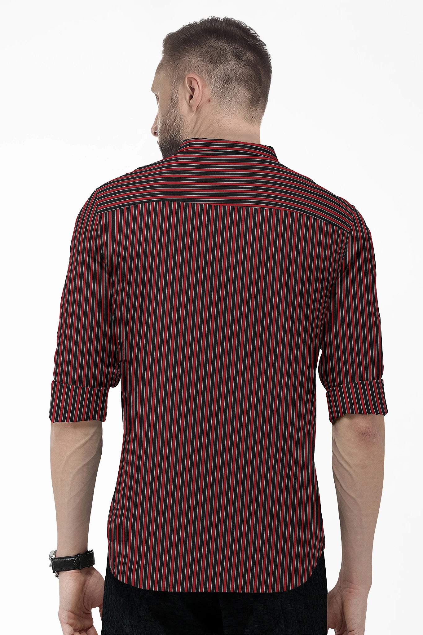 Fiery Red and Jade Black Regimental Stripes Mandarin Collar Cotton Shirt