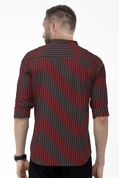 Fiery Red and Jade Black Regimental Stripes Mandarin Collar Cotton Shirt