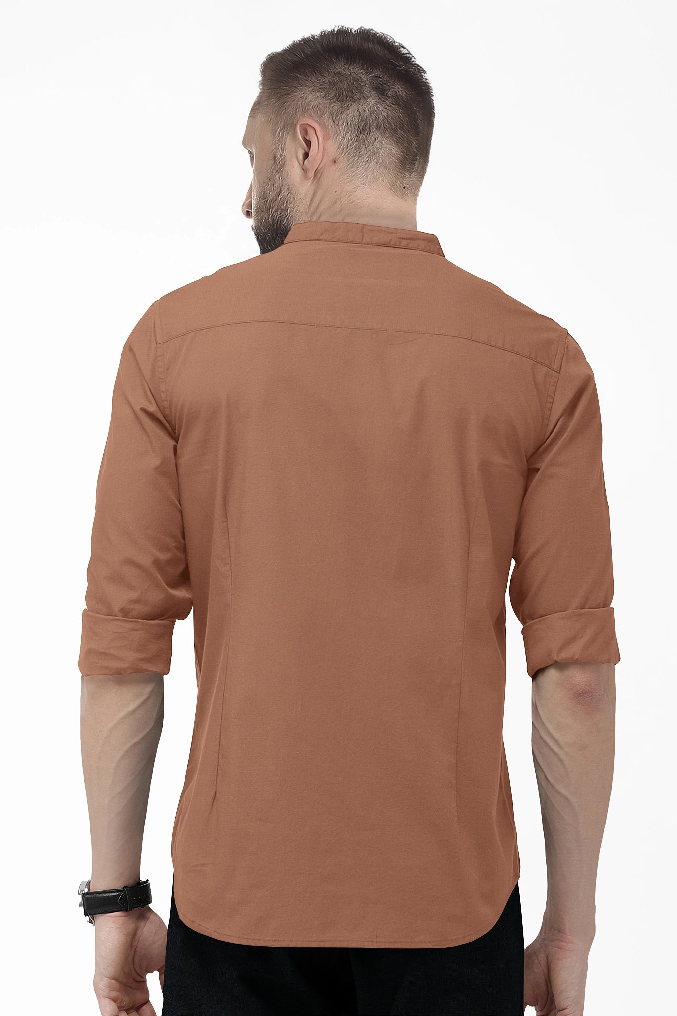 Caramel Brown Mandarin Collar Premium Oxford Cotton Shirt