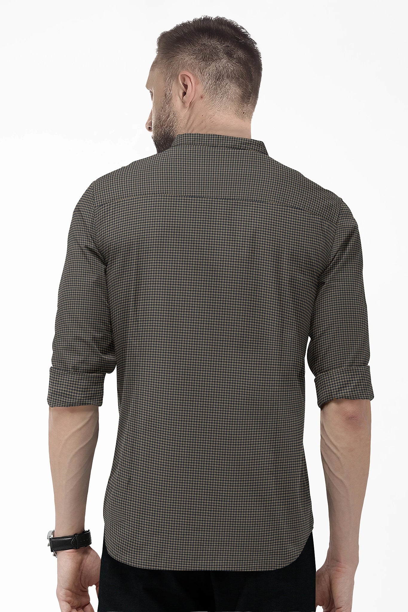 British Khaki and Midnight Blue Gingham Mandarin Collar Cotton Shirt