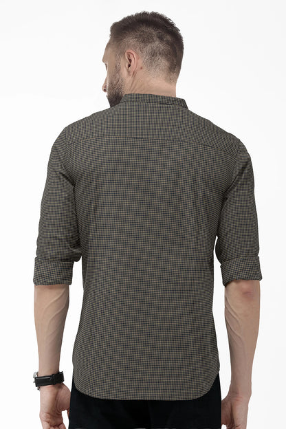 British Khaki and Midnight Blue Gingham Mandarin Collar Cotton Shirt