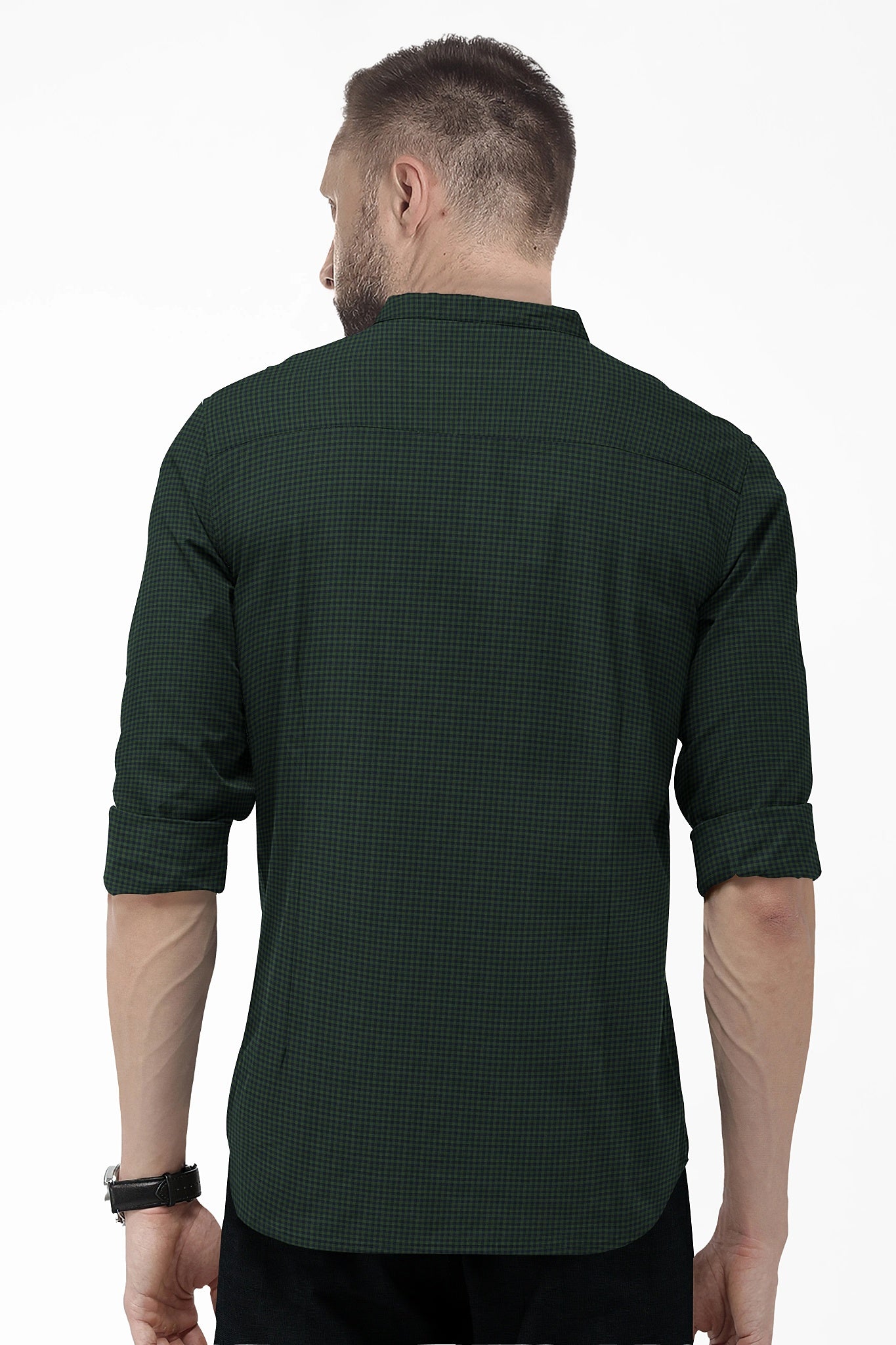 Pine Green and Medieval Blue Gingham Checks Mandarin Collar Cotton Shirt