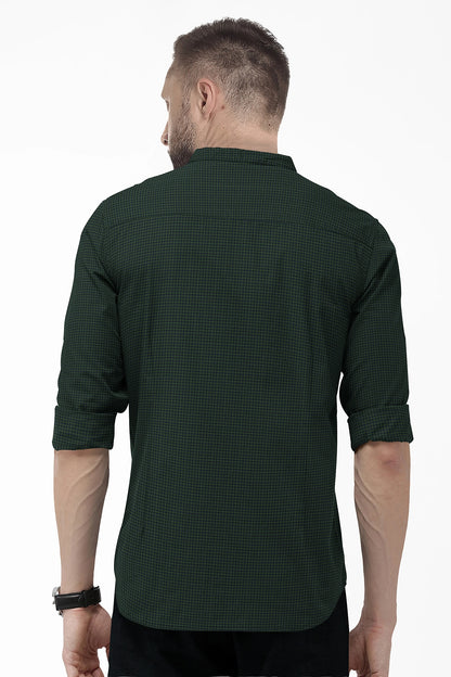 Pine Green and Medieval Blue Gingham Checks Mandarin Collar Cotton Shirt