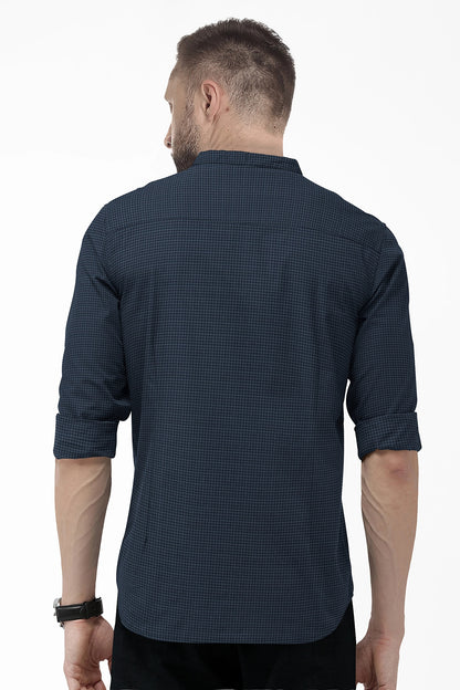 Charcoal Gray and Medieval Blue Gingham Checks Mandarin Collar Cotton Shirt