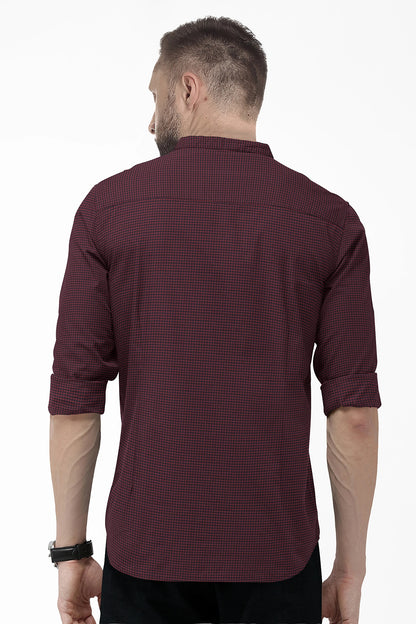 Pomegranate Red and Medieval Blue Gingham Checks Mandarin Collar Cotton Shirt