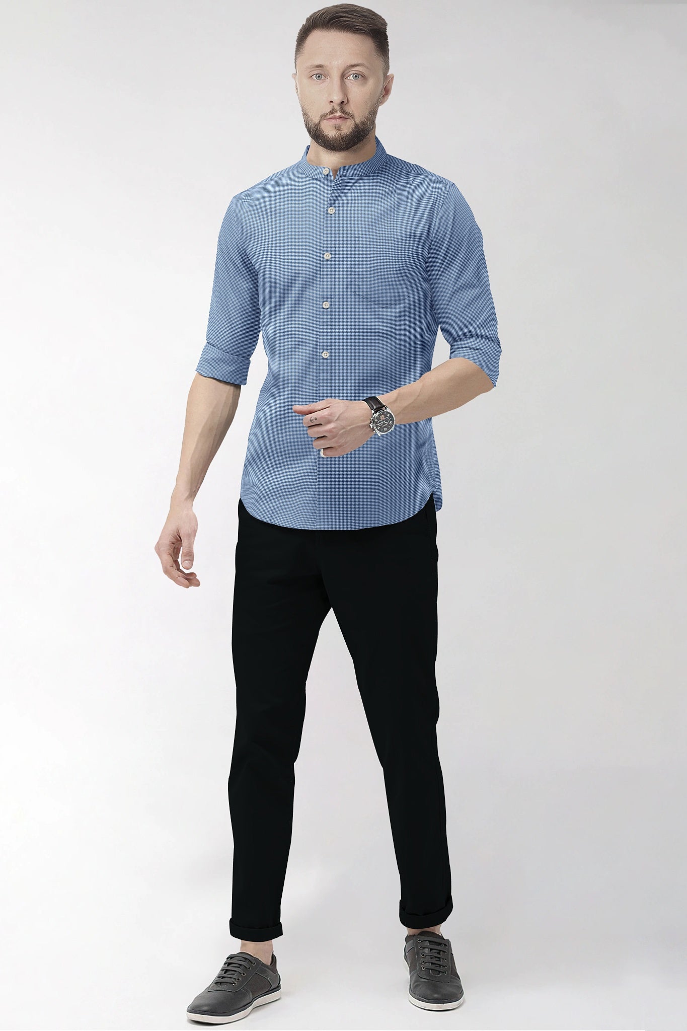 Baleine Blue and White Ninja Shuriken Printed Mandarin Collar Cotton Shirt