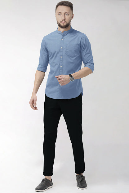 Baleine Blue and White Ninja Shuriken Printed Mandarin Collar Cotton Shirt