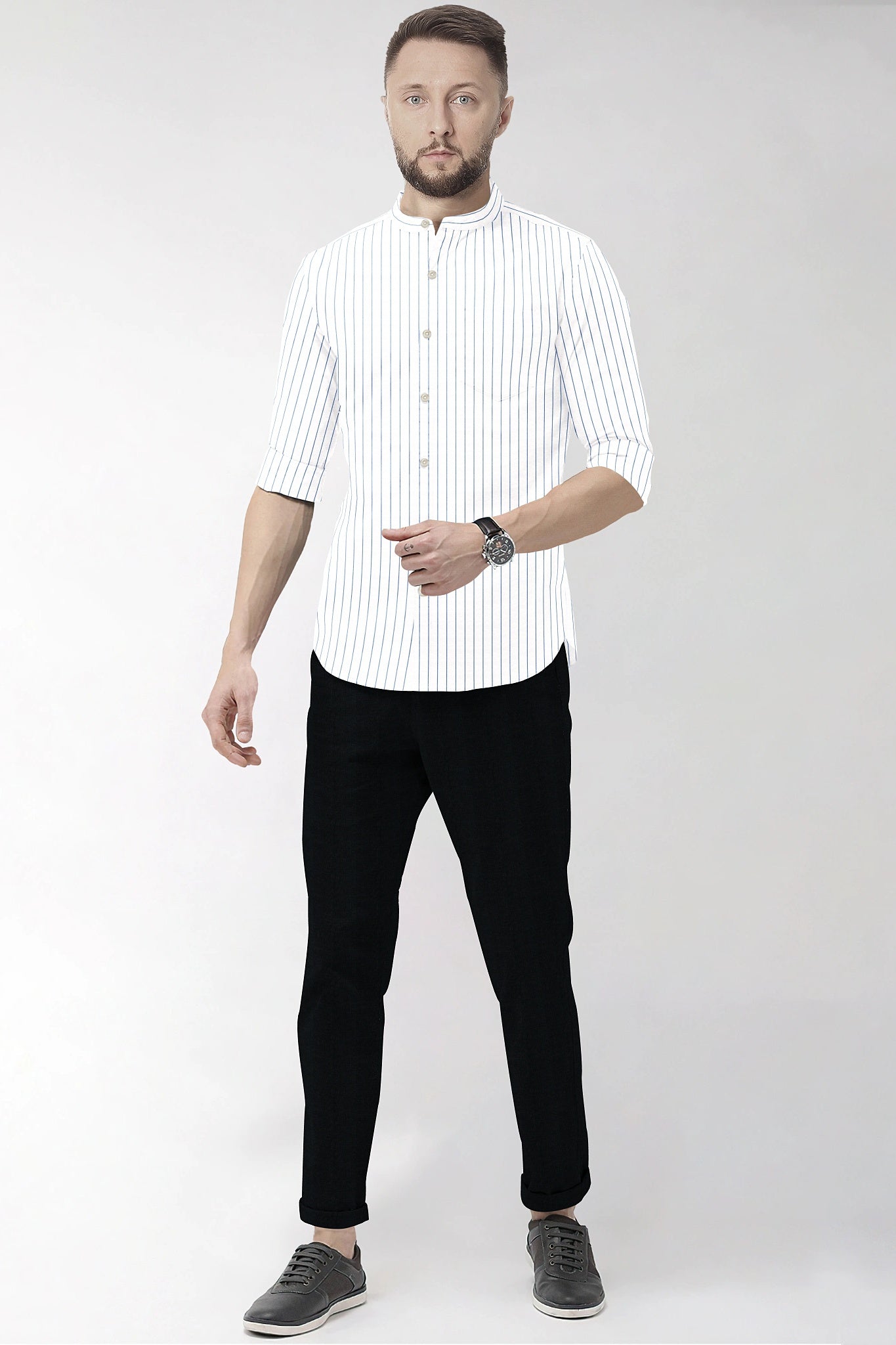 White and Dodger Blue Pin Stripes Mandarin Collar Cotton Shirt