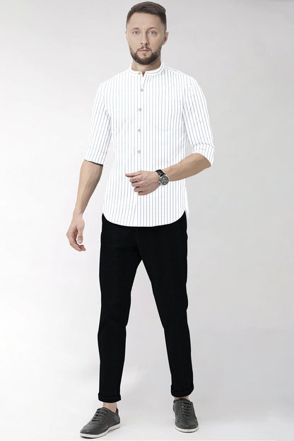 White and Dodger Blue Pin Stripes Mandarin Collar Cotton Shirt
