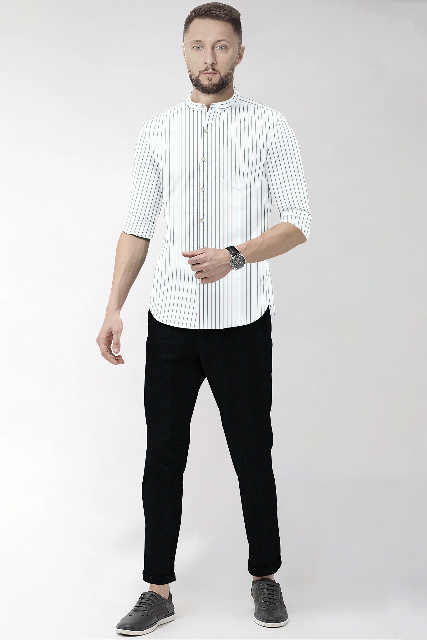 White and Amazon Green Pin Stripes Mandarin Cotton Shirt