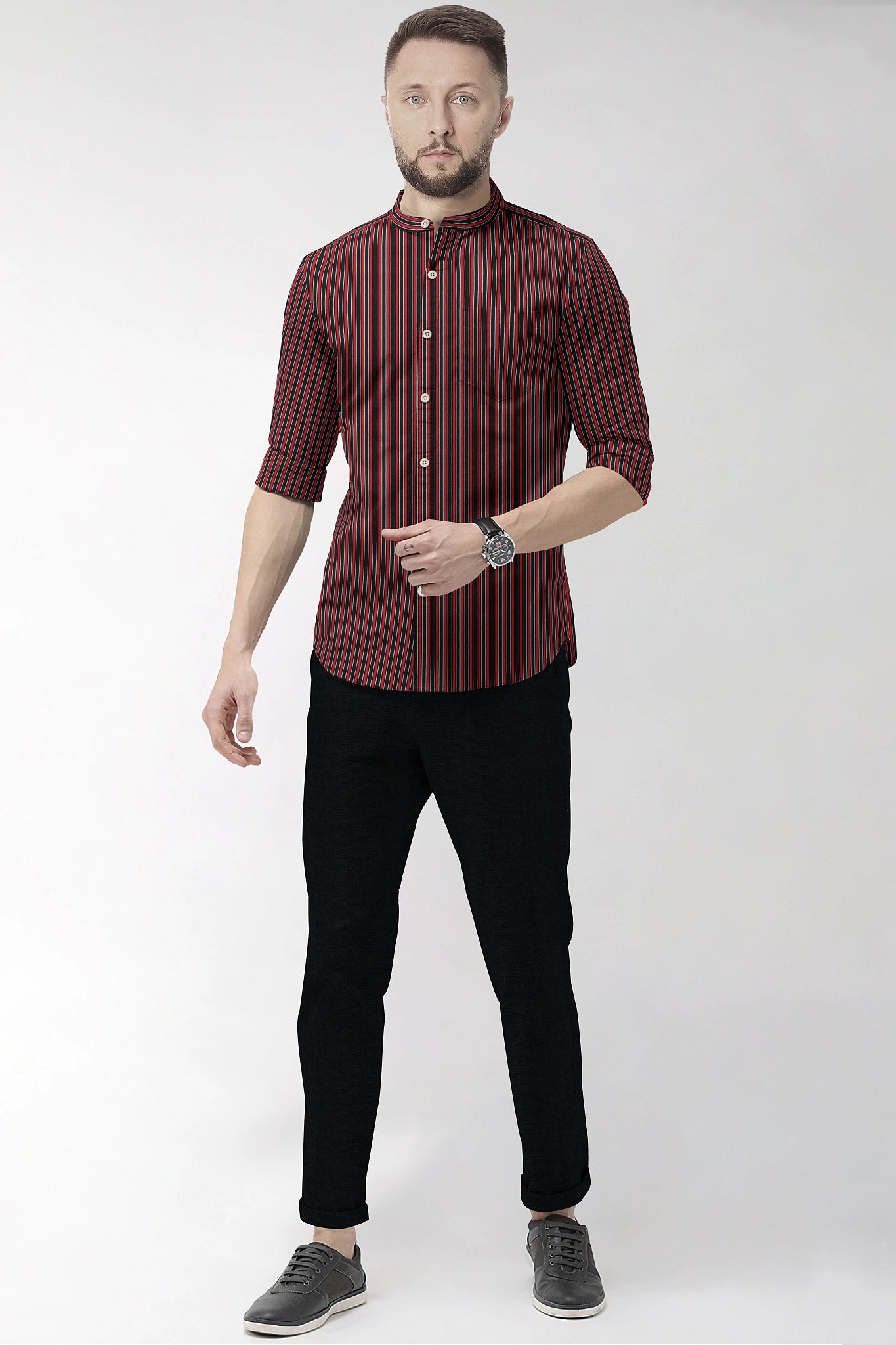 Fiery Red and Jade Black Regimental Stripes Mandarin Collar Cotton Shirt