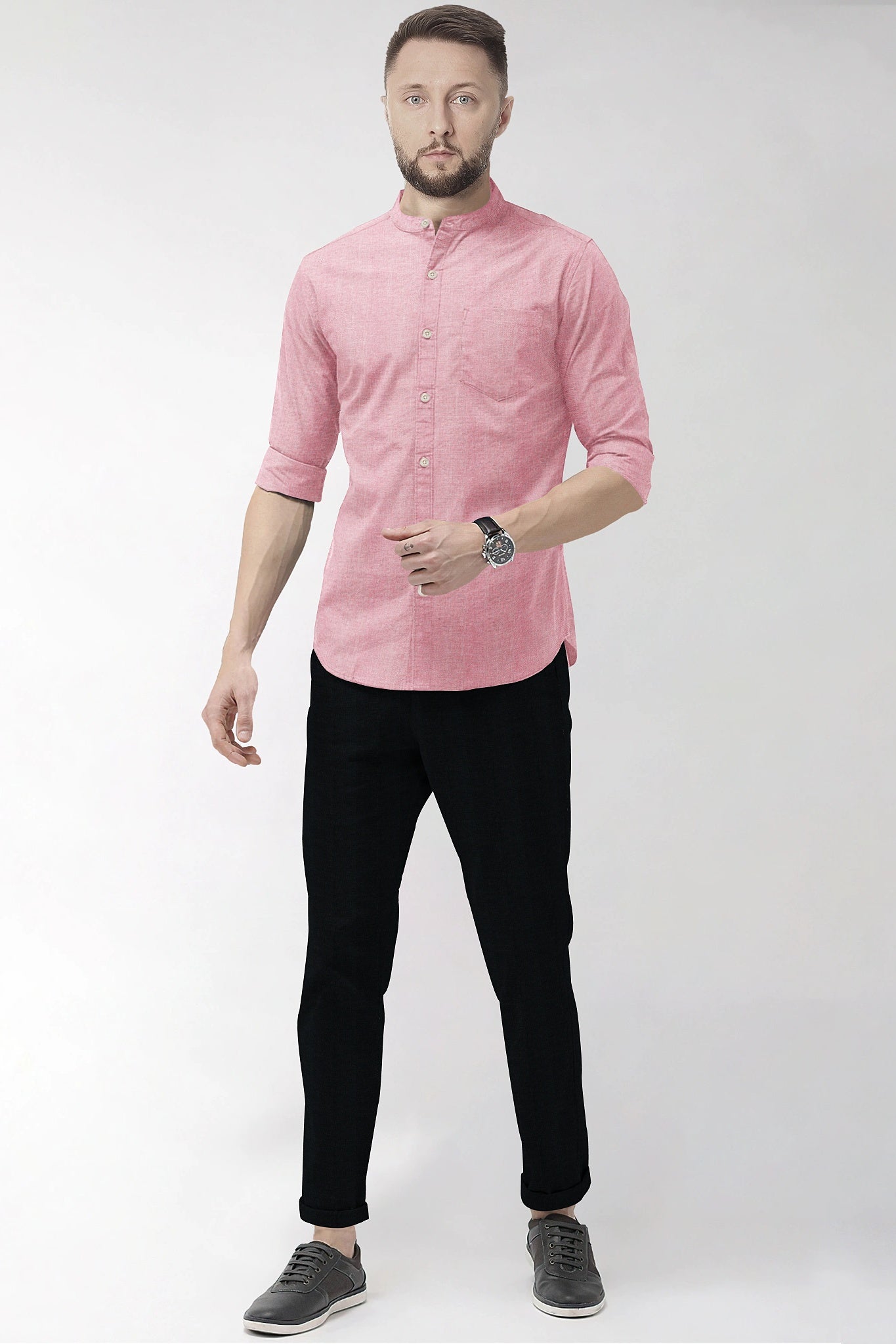 Persian Red and White Mandarin Collar Oxford Plain Cotton Shirt