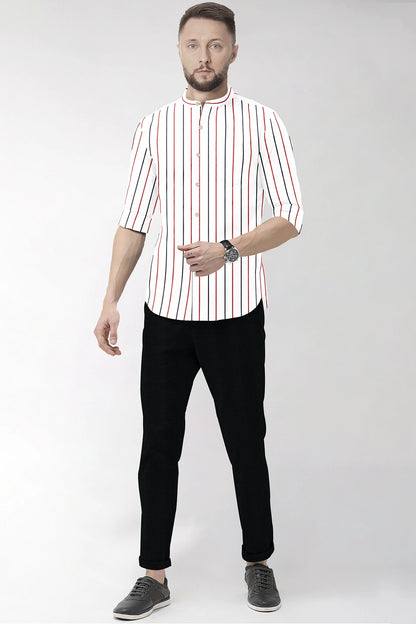 White with Scarlet Red and Navy Stripes Mandarin Collar Cotton Shirt
