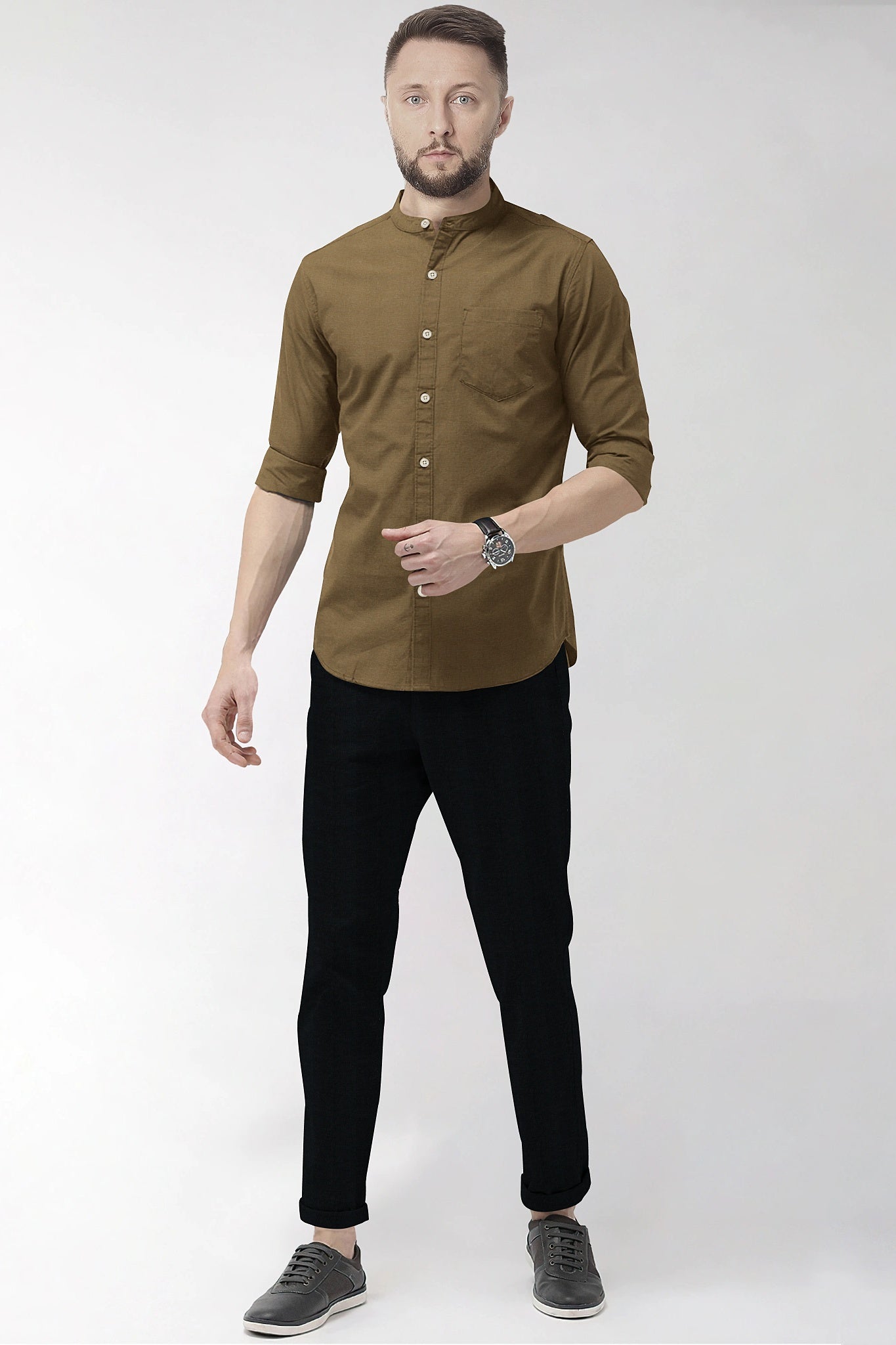 Chamoisee Brown Mandarin Collar Luxurious Linen Shirt