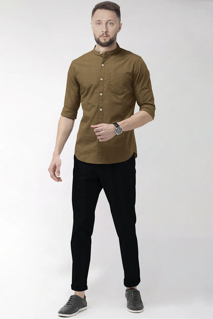 Chamoisee Brown Mandarin Collar Luxurious Linen Shirt