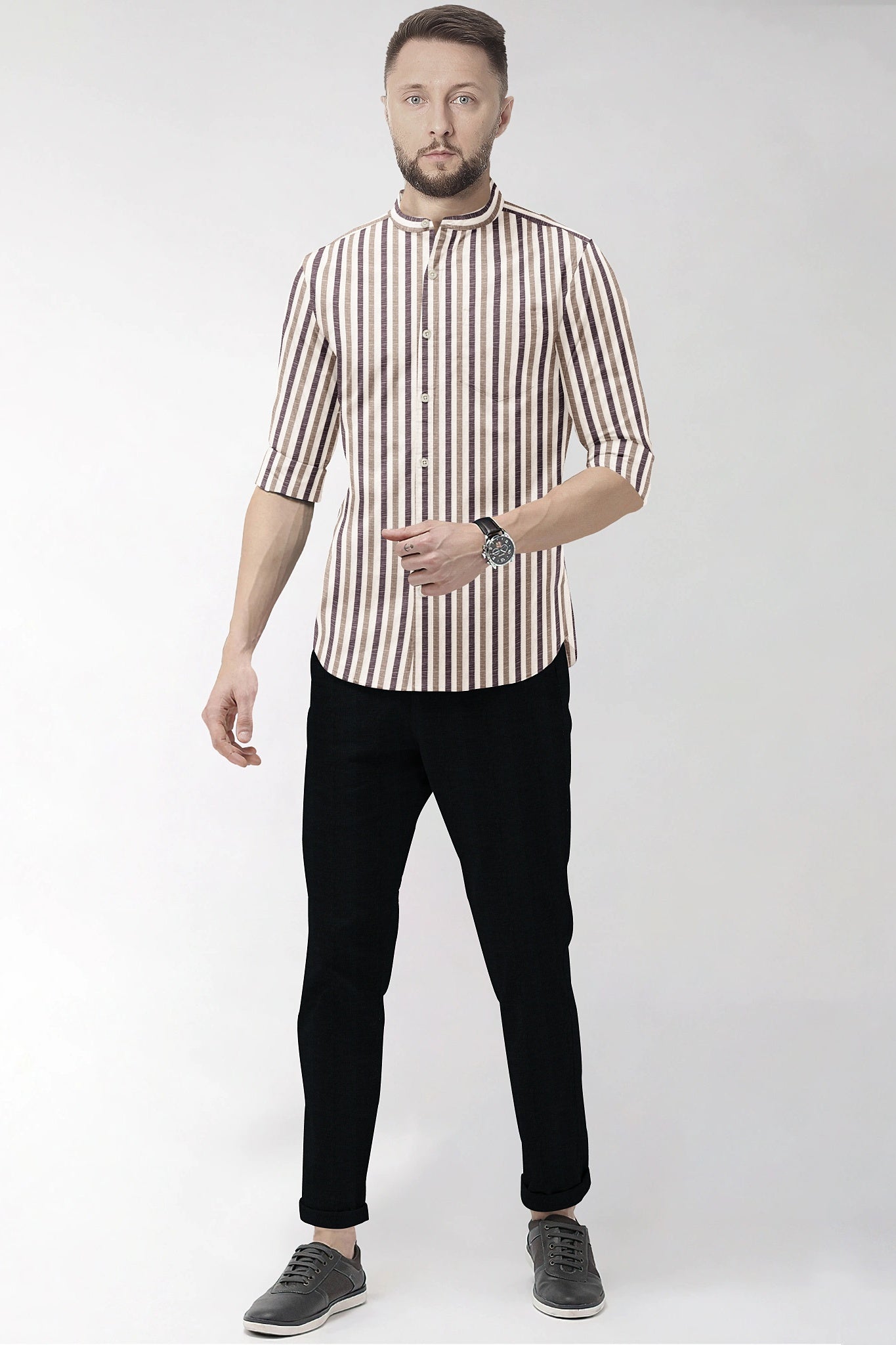 Beige with Wine and Antler Brown Multitrack Stripes Mandarin Collar Cotton Linen Shirt