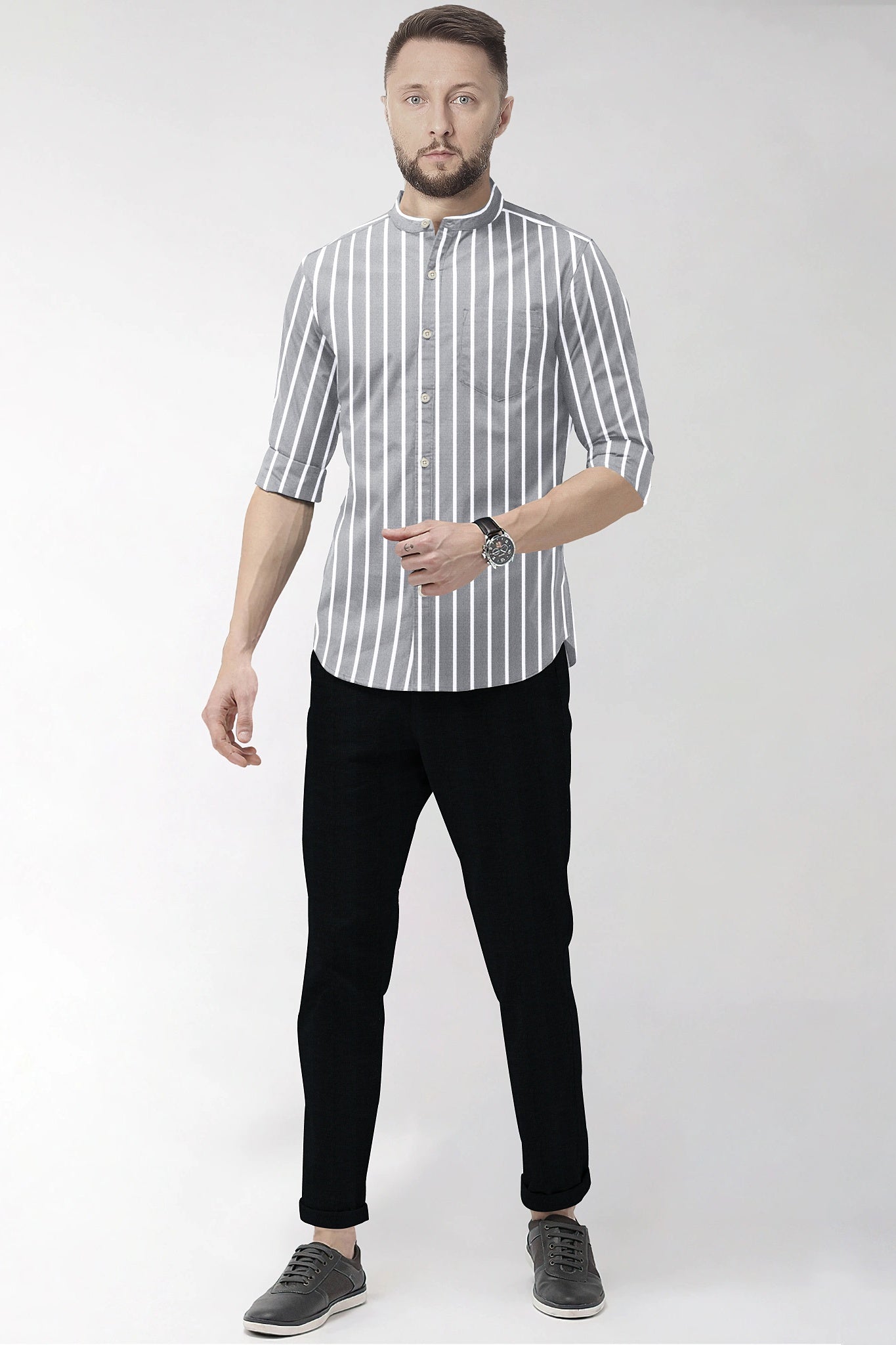 Mirage Gray and Flash White Chalk Stripes Oxford Mandarin Collar Cotton Shirt