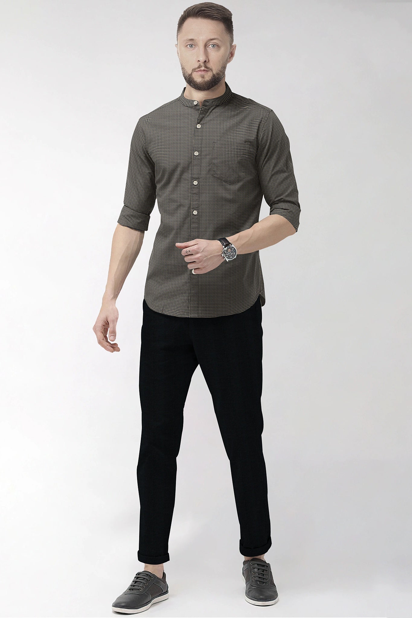 British Khaki and Midnight Blue Gingham Mandarin Collar Cotton Shirt