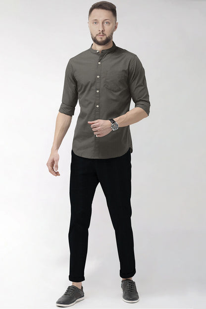 British Khaki and Midnight Blue Gingham Mandarin Collar Cotton Shirt