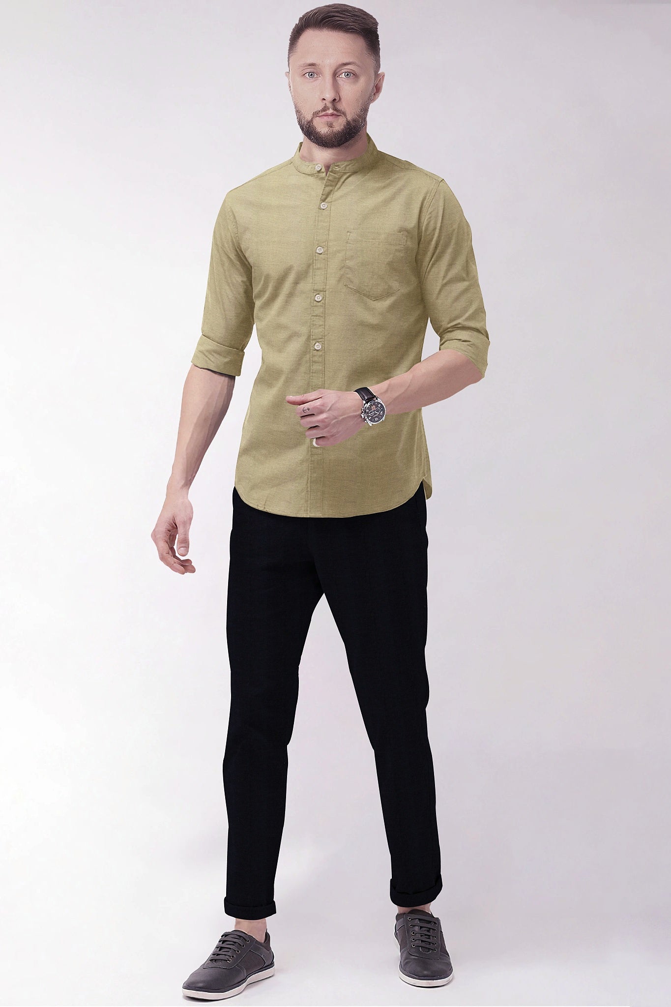 Tan Khaki Mandarin Collar Luxurious Linen Shirt