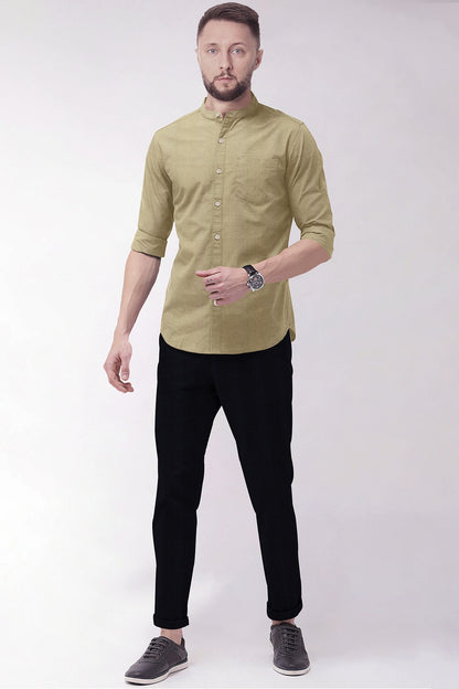 Tan Khaki Mandarin Collar Luxurious Linen Shirt